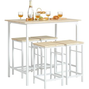 SoBuy Bartisch Set, 5-teilig, mit 4 Barhockern, Holz/Weiß, ideal für Küche oder Partyraum.