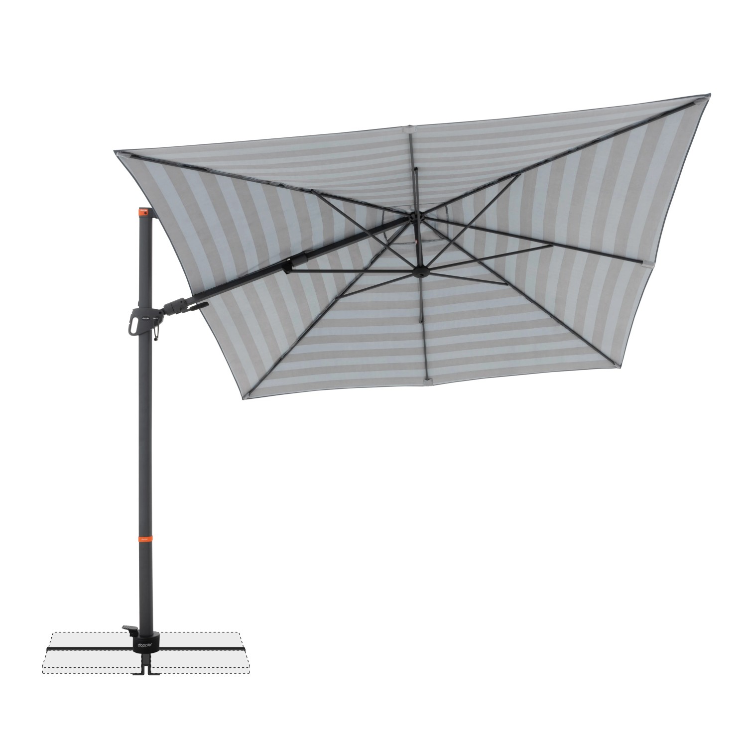 Doppler Ampelschirm MyZone, 280x280 cm, blau-grau gestreift, mit Kurbelmechanik.