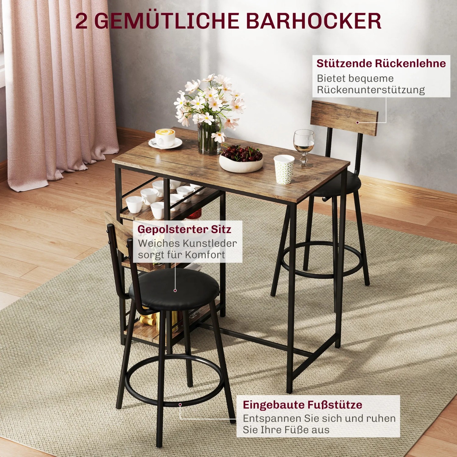 HOMCOM Bartisch Set 3-tlg. mit Barhockern in Eiche und Stahl. Kompakte Küchentheke mit Stauraum.