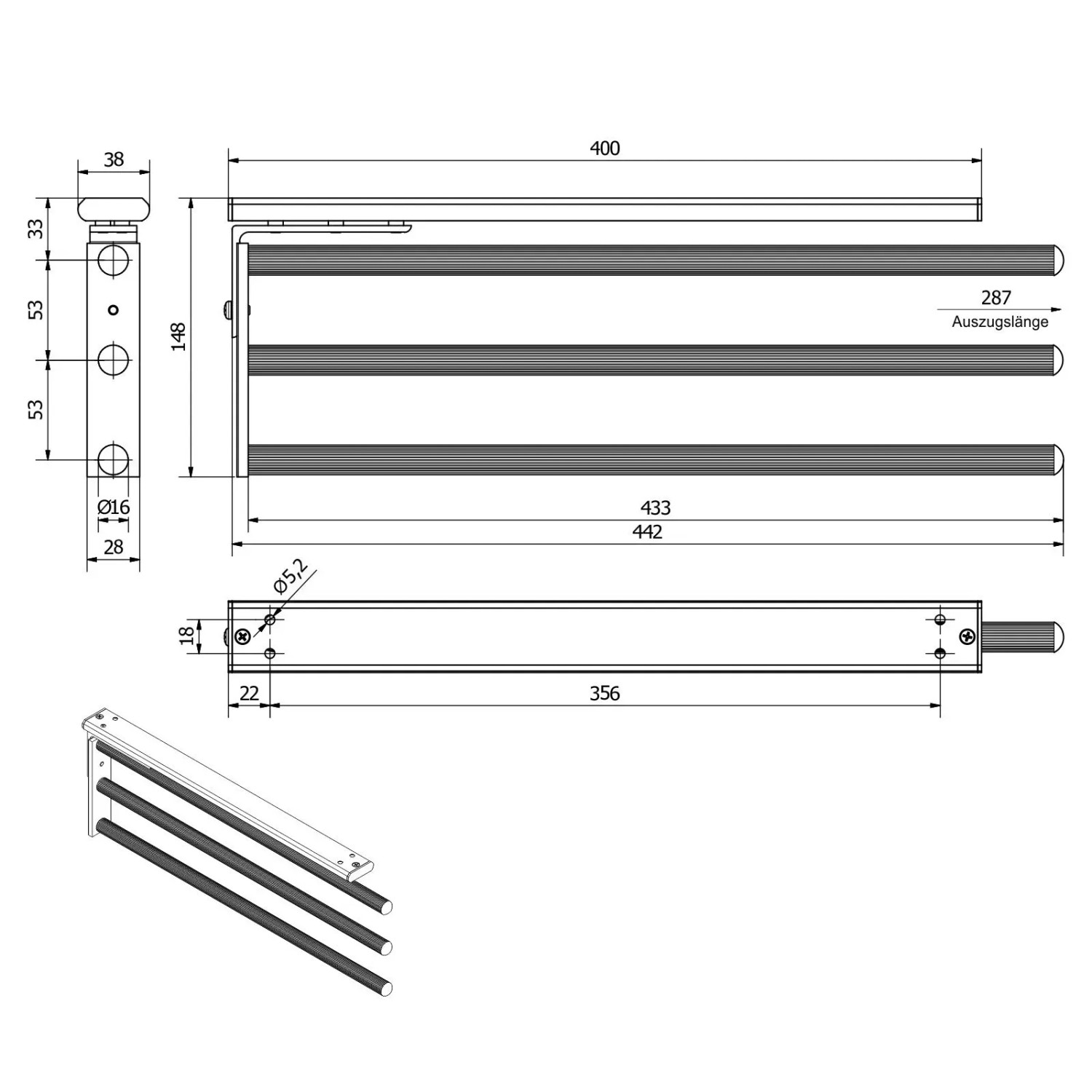SOTECH Aluminium Handtuchhalter TED 3 Armig 450 bis 730 mm Ausziehbar Drehbar Schwarz Matt_6