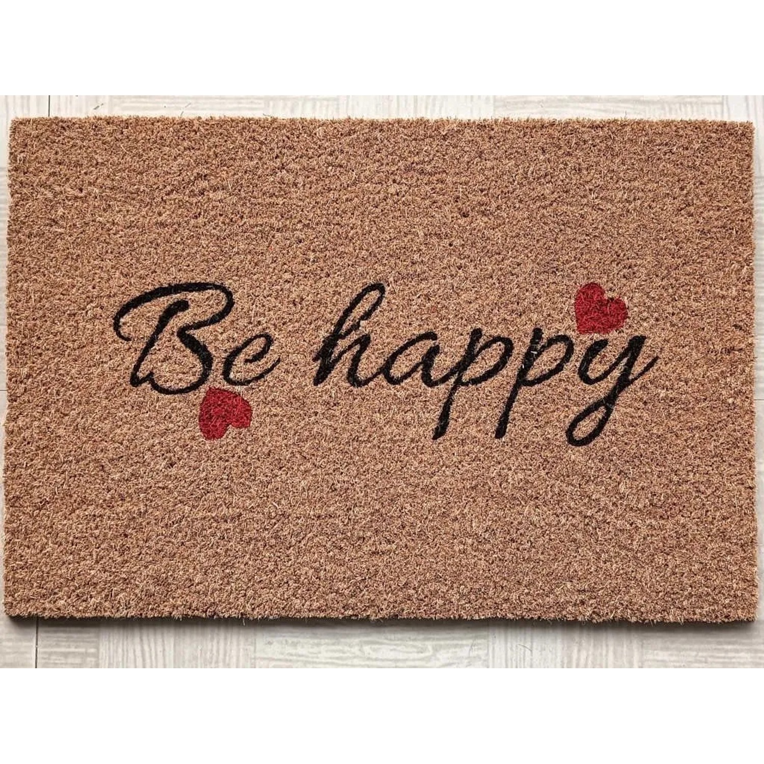 HPFloor Kokosmatte Fußmatte Fußabtreter Schmutzfangmatte Fußabstreifer Natur mit Aufdruck Be Happy