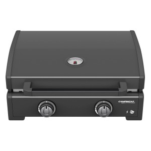 Campingaz Plancha Onyx 2 Gasgrill, emaillierte Gussplatte, mit Deckel und Thermometer.