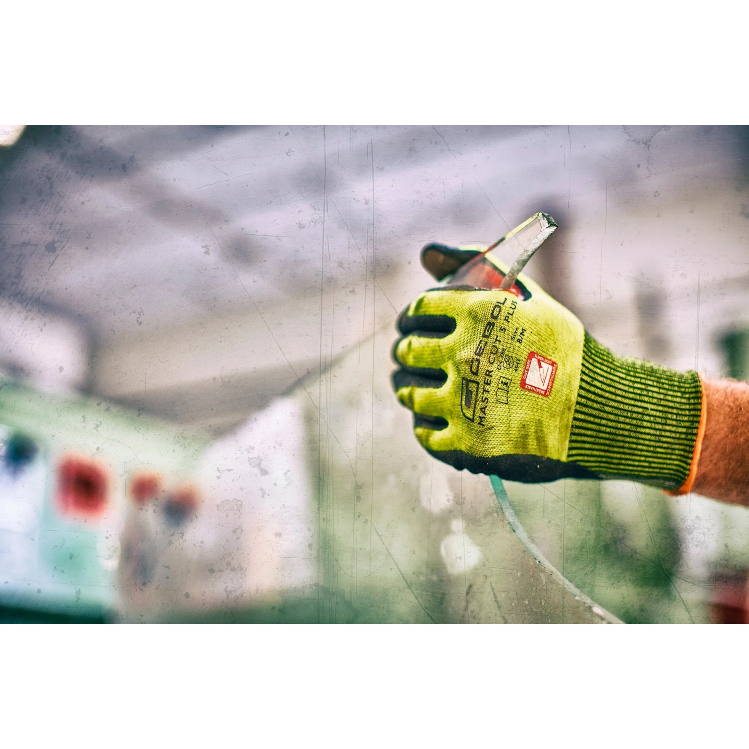 Hand mit Gebol Arbeitshandschuh Master Cut 5, Größe 10, mit Schnittschutz und guter Griffigkeit.