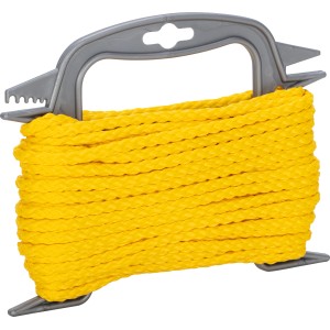 Gelbes Polypropylen Seil, Ø 5 mm, auf einer grauen Spule aufgewickelt.