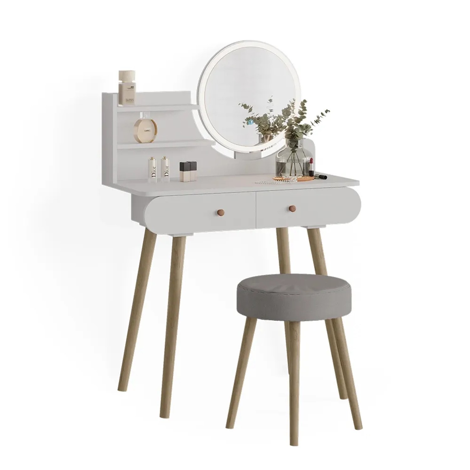 Weißer Vicco Schminktisch Edda 80 cm mit LED-Spiegel und Hocker.
