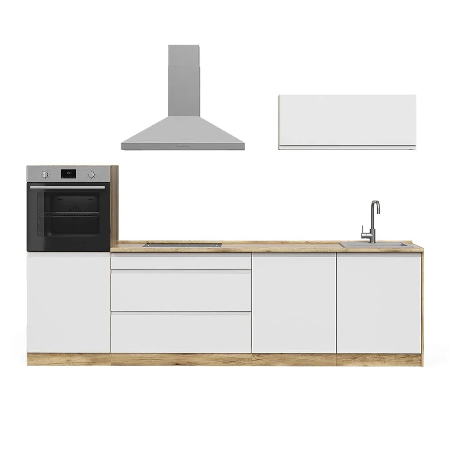 Vicco Küchenzeile R-Line Weiß/Goldkraft Eiche 280 x 143 Arbeitsplatte Platin Art Nr 70611