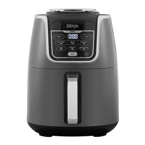 Graue Ninja Heißluftfritteuse MAX AF160EU für die Küche mit digitalem Display.