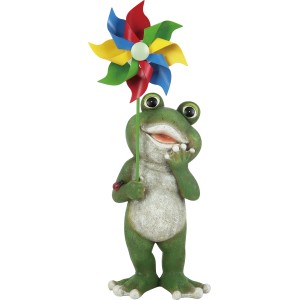 Deko-Frosch Figur, 36,5 cm, mit bunten Windrad als Gartendekoration.