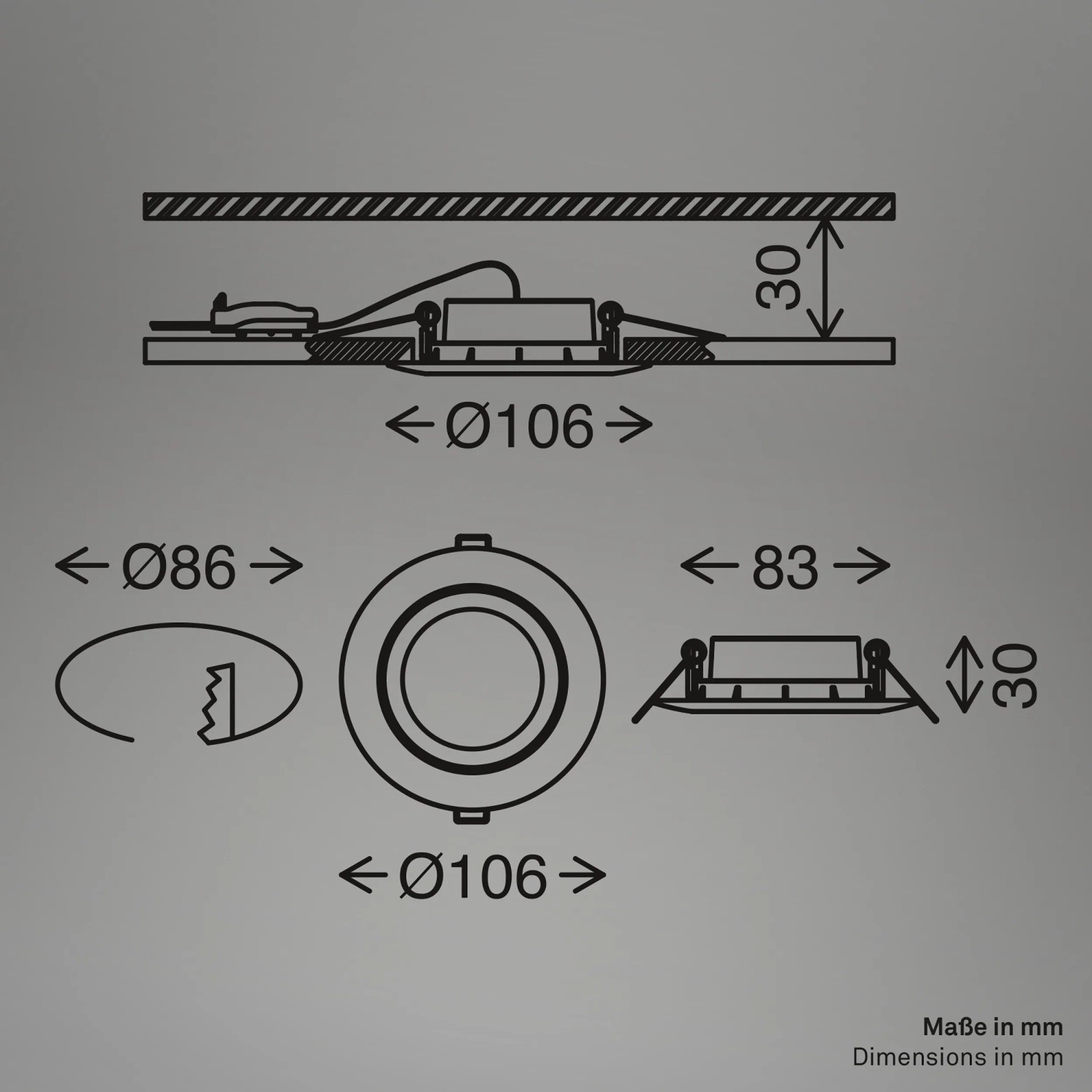 Technische Zeichnung: Briloner LED-Einbauleuchte, 3er-Set, Maße und Details zur Installation.
