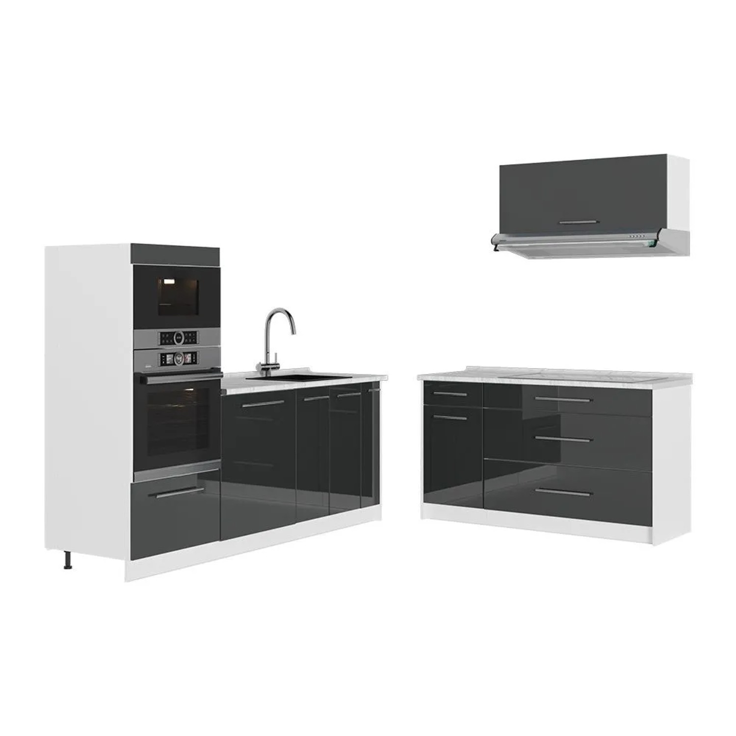 Vicco Küchenzeile Fame-Line Anthrazit Hochglanz/Weiß 340 x 154 AP Marmor Art Nr 63923
