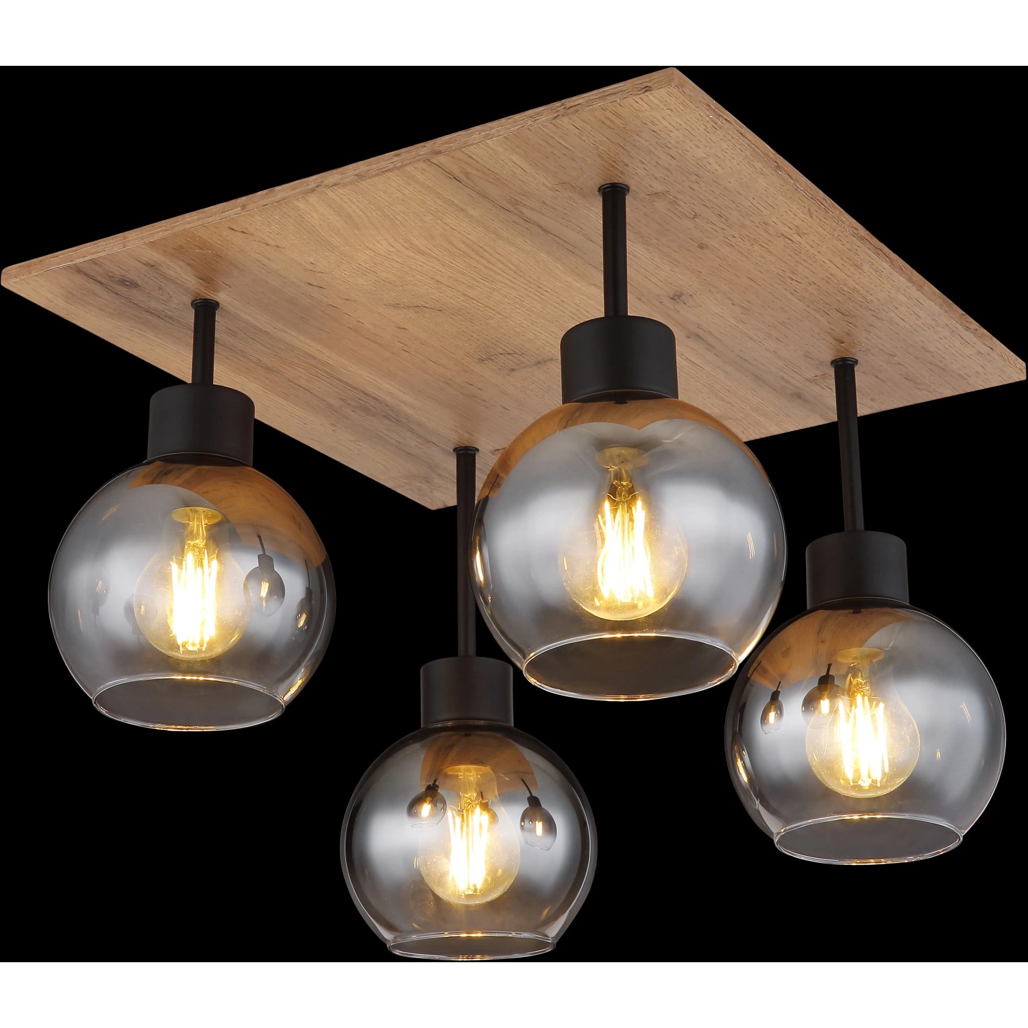 Globo Deckenleuchte Moitas, 4-flammig, schwarz matt, Rauchglas, Holzoptik. Quadratische Deckenlampe.