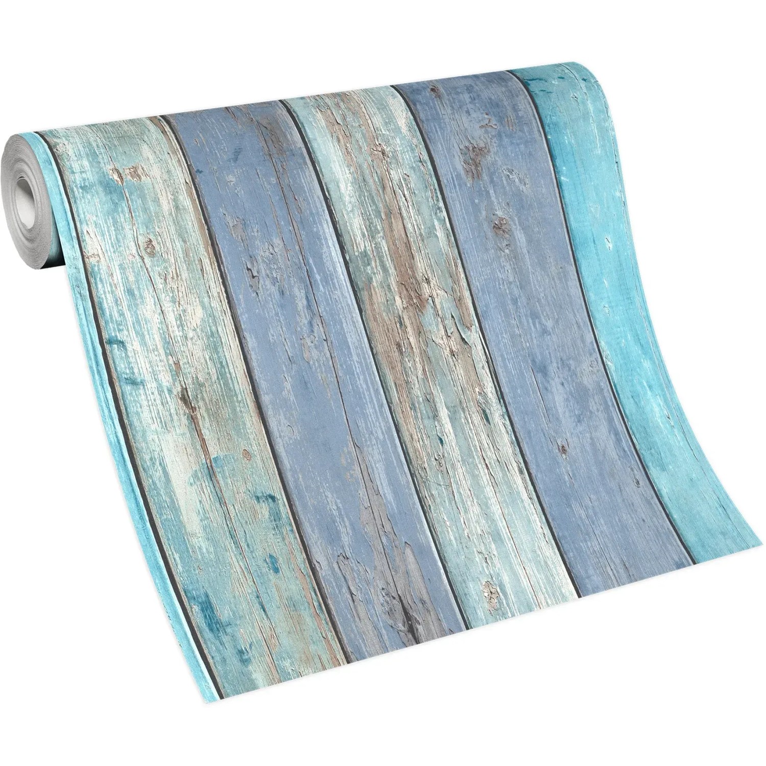 Erismann Vliestapete Imitations 2 Holz Blau, Rolle mit blauem Holz-Look.