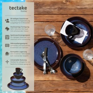 Tectake Kombiservice Mare, 30-teilig, blau-braunes Geschirr im maritimen Design für 6 Personen.