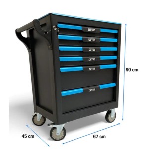 DeTec Werkstattwagen, bestückt mit Werkzeug, 6 Schubladen, abschließbar. Werkzeugschrank in Schwarz/Blau.