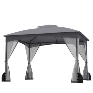 Grauer Gartenpavillon 3x3,6m mit doppeltem Dach, Moskitonetz-Seitenwänden und Sandsäcken. Ideal für Camping & Garten.