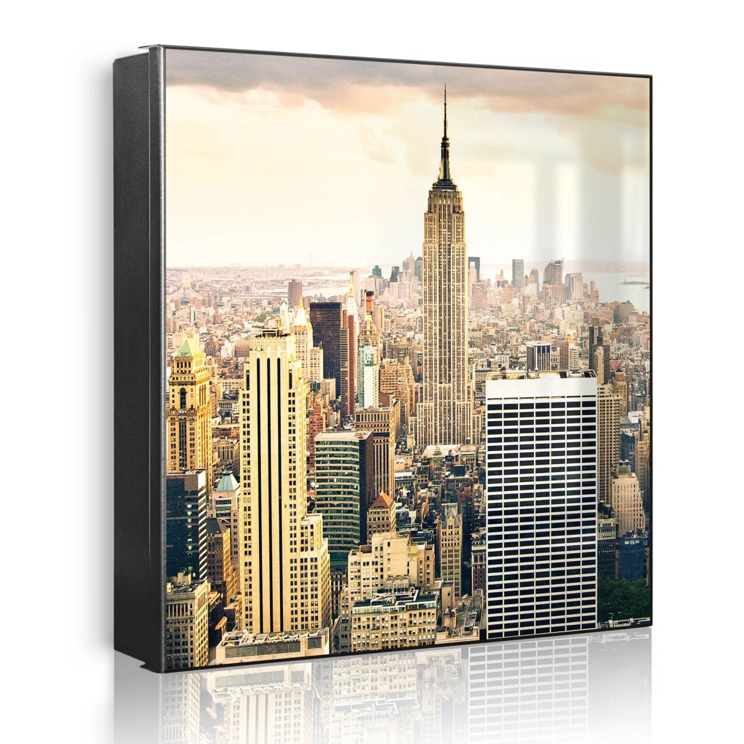 Banjado Großer Schlüsselkasten Metall 30x30cm Schwarz Scharnier Links 50 Haken Beschreibbar Magnetisch Motiv New York City