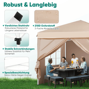 Beiger Sekey Faltpavillon 3x3 m mit Seitenteilen. Robuster Stahlrahmen, wasserdichter Oxford-Stoff. Ideal für Partys & Sonnenschutz.