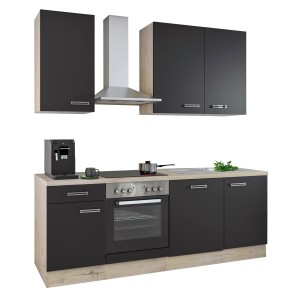 Flex-Well Küchenzeile Lara, 220 cm, Anthrazit/San Remo Eiche hell, mit E-Geräten und Spüle.