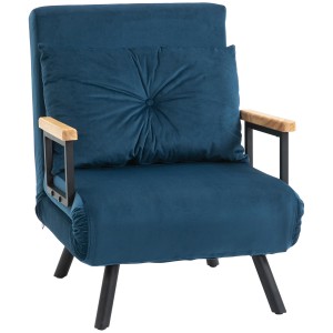 Blaues HOMCOM Schlafsofa mit Kissen, Stahlgestell und Holzarmlehnen.