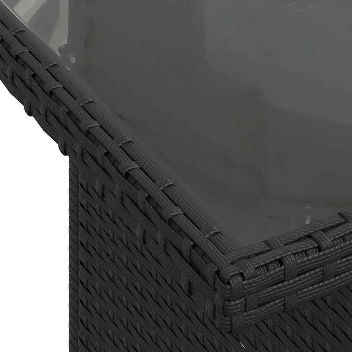 Detailaufnahme: Schwarze vidaXL Garten-Sofagarnitur aus Rattan mit Glasplatte. Gartenmöbel für Terrasse und Garten.