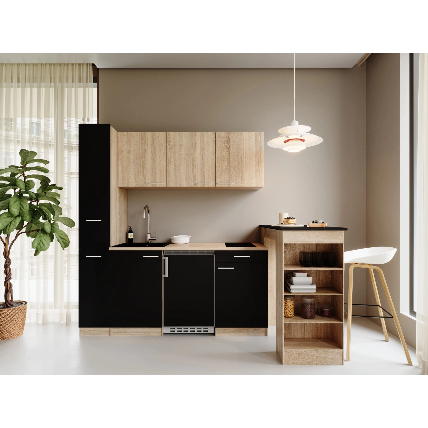 Respekta Ingrid Singleküche 180 cm Schwarz mit Bartisch mit Apothekenschrank