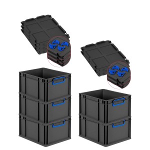 PROREGAL SparSet 5x Eurobox Nextgen Color Mit Auflagedeckel HxBxT 22x30x40cm 20 Liter Schwarz Griffe Blau Geschlossen Eurobehälter Transportbox