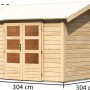 Karibu Holz-Gartenhaus Timra, naturbelassen, mit Satteldach und Maßangaben.