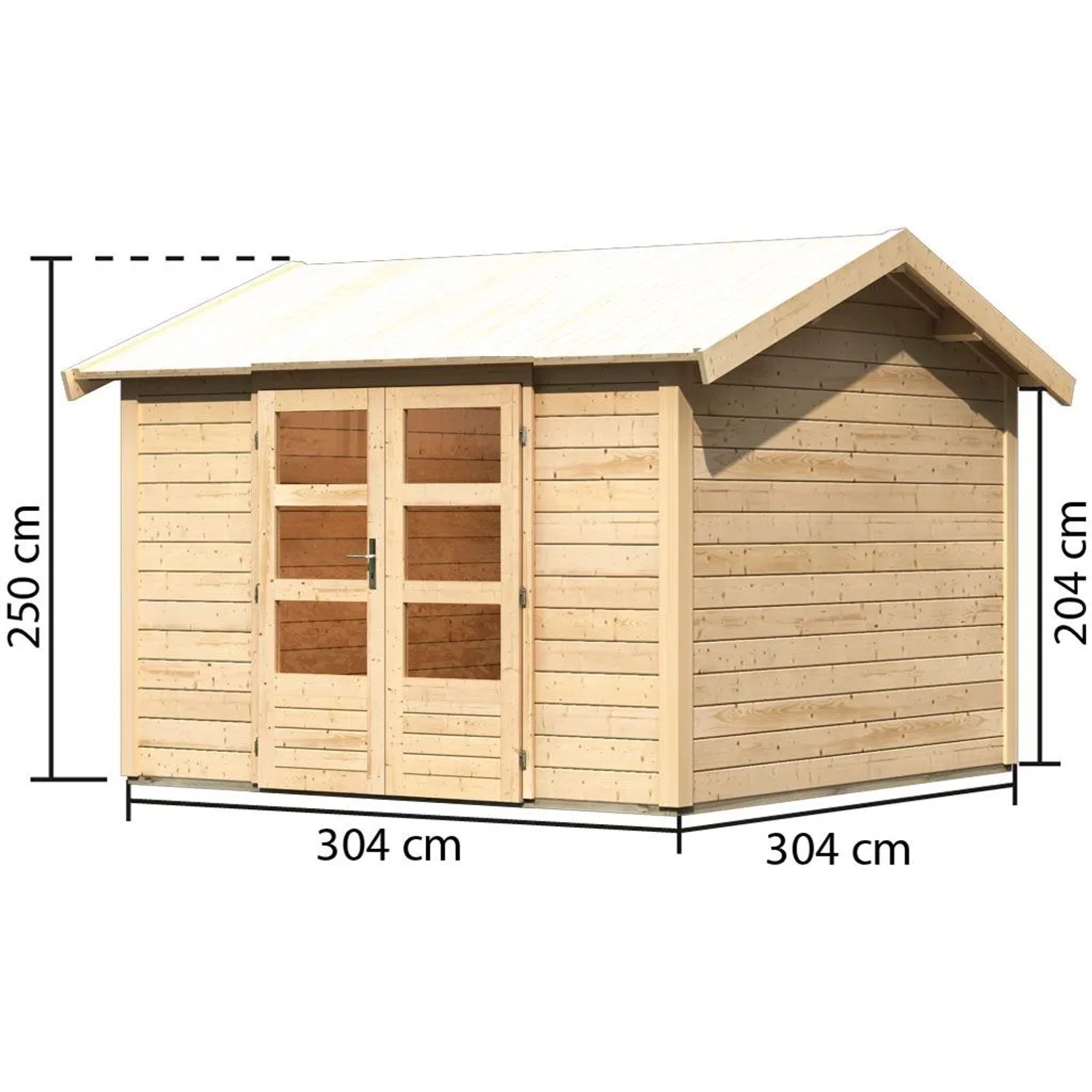 Karibu Holz-Gartenhaus Timra, naturbelassen, mit Satteldach und Maßangaben.