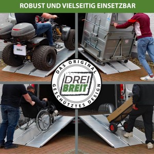 DREIBREIT klappbare Auffahrrampe aus Aluminium zum Verladen von Motorrädern, Quads, Rollstühlen und Transportwagen.