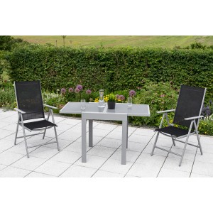 3-teiliges Gartenmöbel-Set Amalfi in Schwarz-Grau mit Ausziehtisch und 2 Klappsesseln.