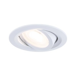 Weißer Paulmann LED Einbaustrahler, rund, schwenkbar, mit warmweißem Licht. Geringe Einbautiefe.