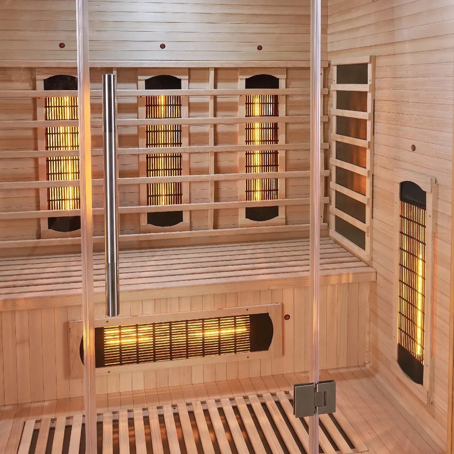 Innenansicht der Artsauna Infrarotkabine Kiruna160 aus Hemlockholz mit Dual Technologie.