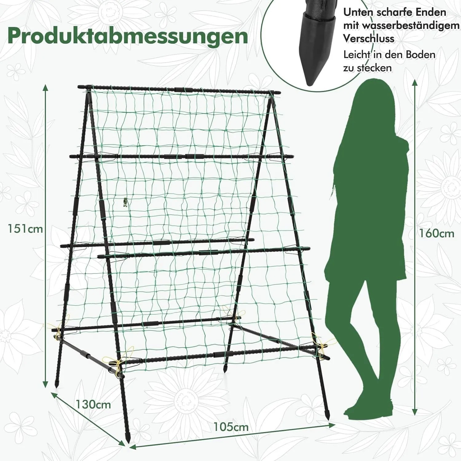 Costway A-förmige Gurken Rankhilfe (130x105x151cm) mit Netz und Maßen. Ideal für Kletterpflanzen im Garten.