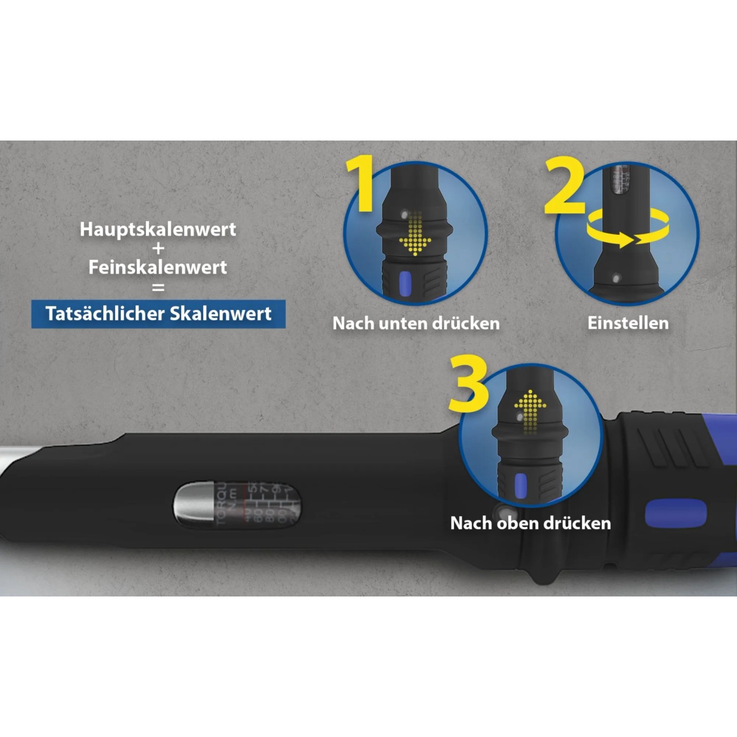 Anleitung zur Einstellung des Goodyear Drehmomentschlüssels mit Skala und Hinweisen zur Bedienung.