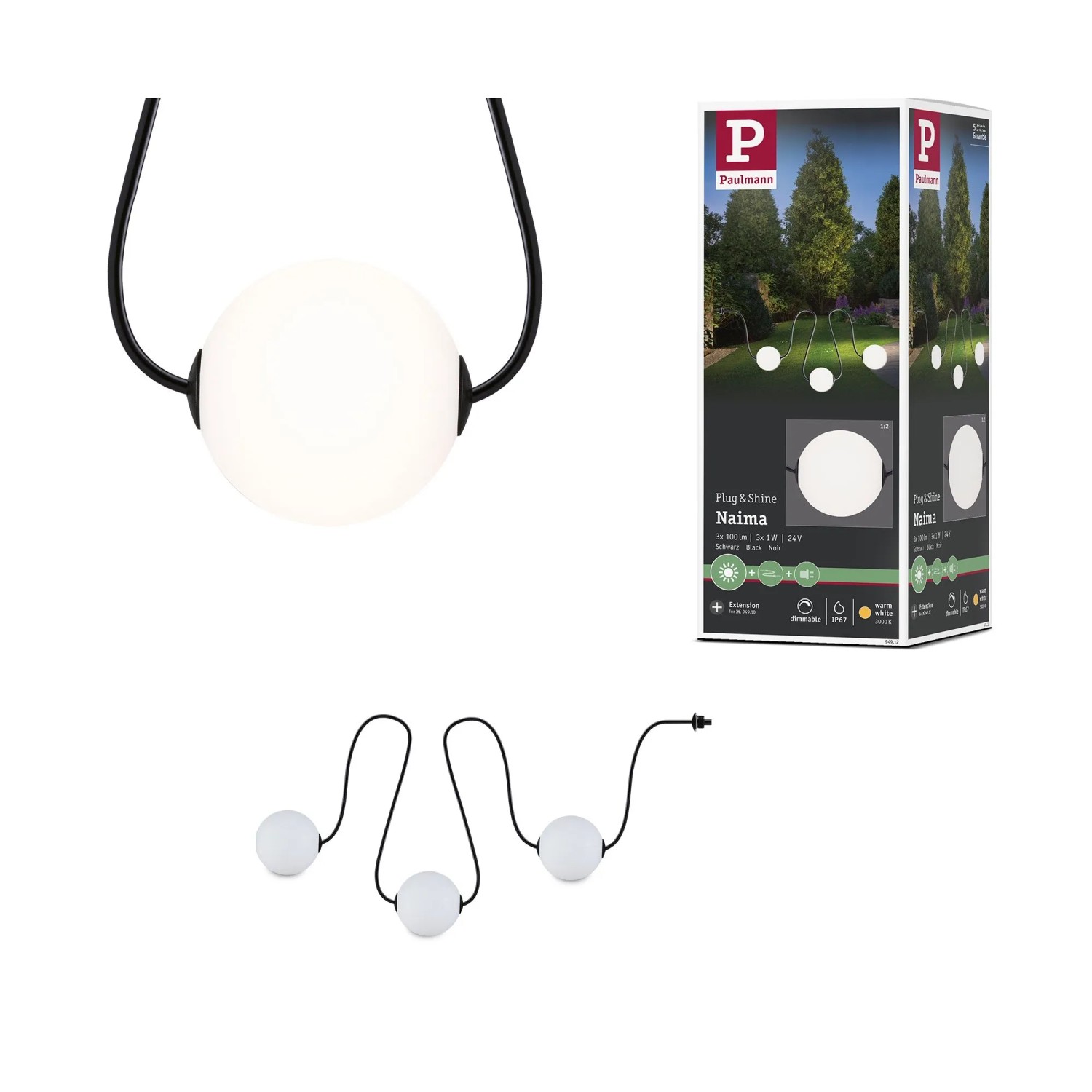 Paulmann Naima Plug & Shine LED-Lichterkette Erweiterungsset mit 3 weißen Lichtkugeln und schwarzem Kabel.