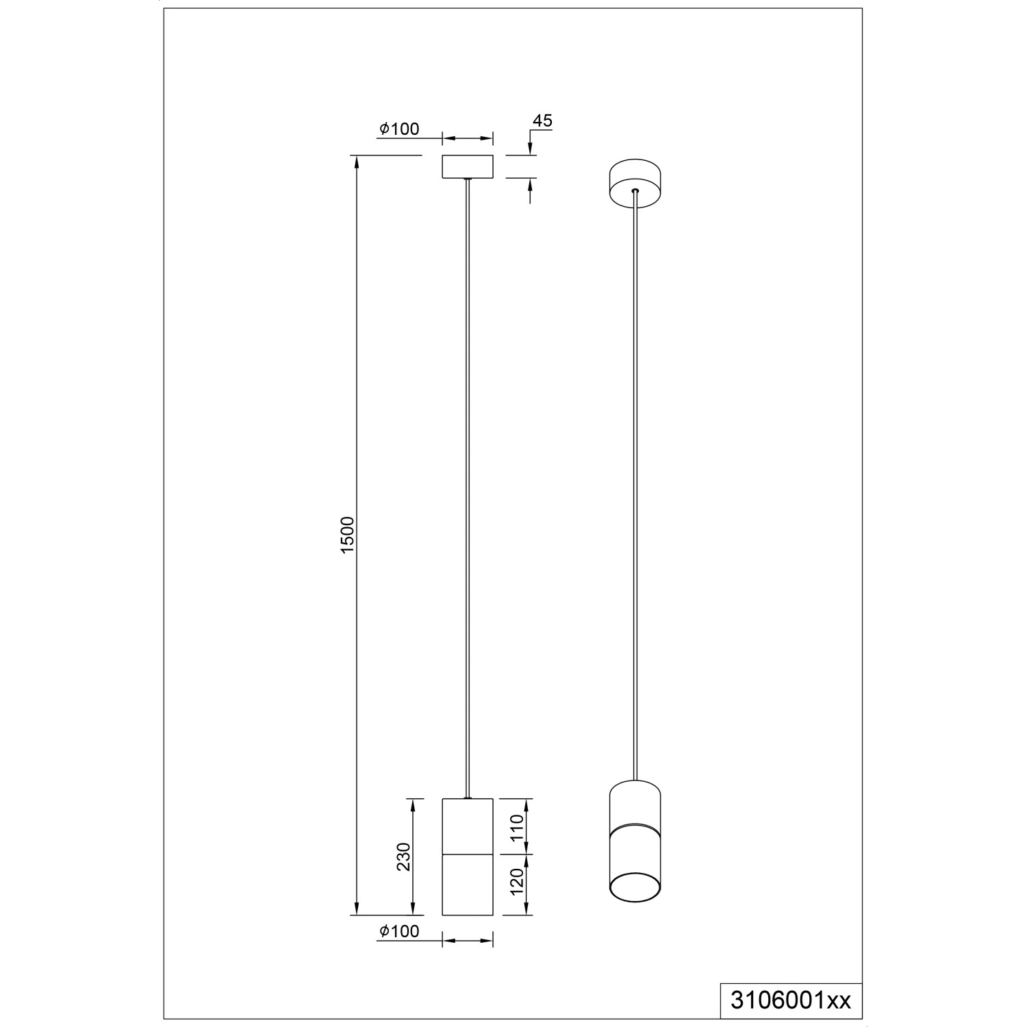 Technische Zeichnung der Trio Leuchten Deckenlampe Robin, schwarz matt, mit Maßen.