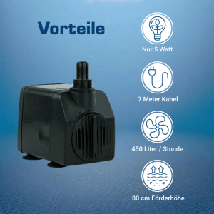 Schwarze Kerry Electronics Teichpumpe, 12V, 450 l/h, mit 7m Kabel. Ideal für Aquarien und Springbrunnen.