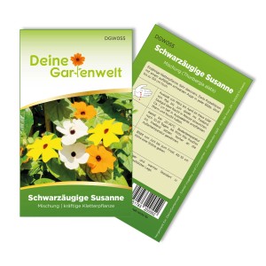 Samentütchen Deiner Gartenwelt Schwarzäugige Susanne Mischung mit gelben, orangen und weißen Blüten.