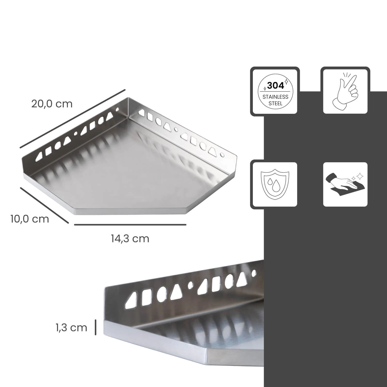 Dalsys befliesbare Duschablage, 200x200mm, Edelstahl silber. Eckregal für Bad und Dusche.