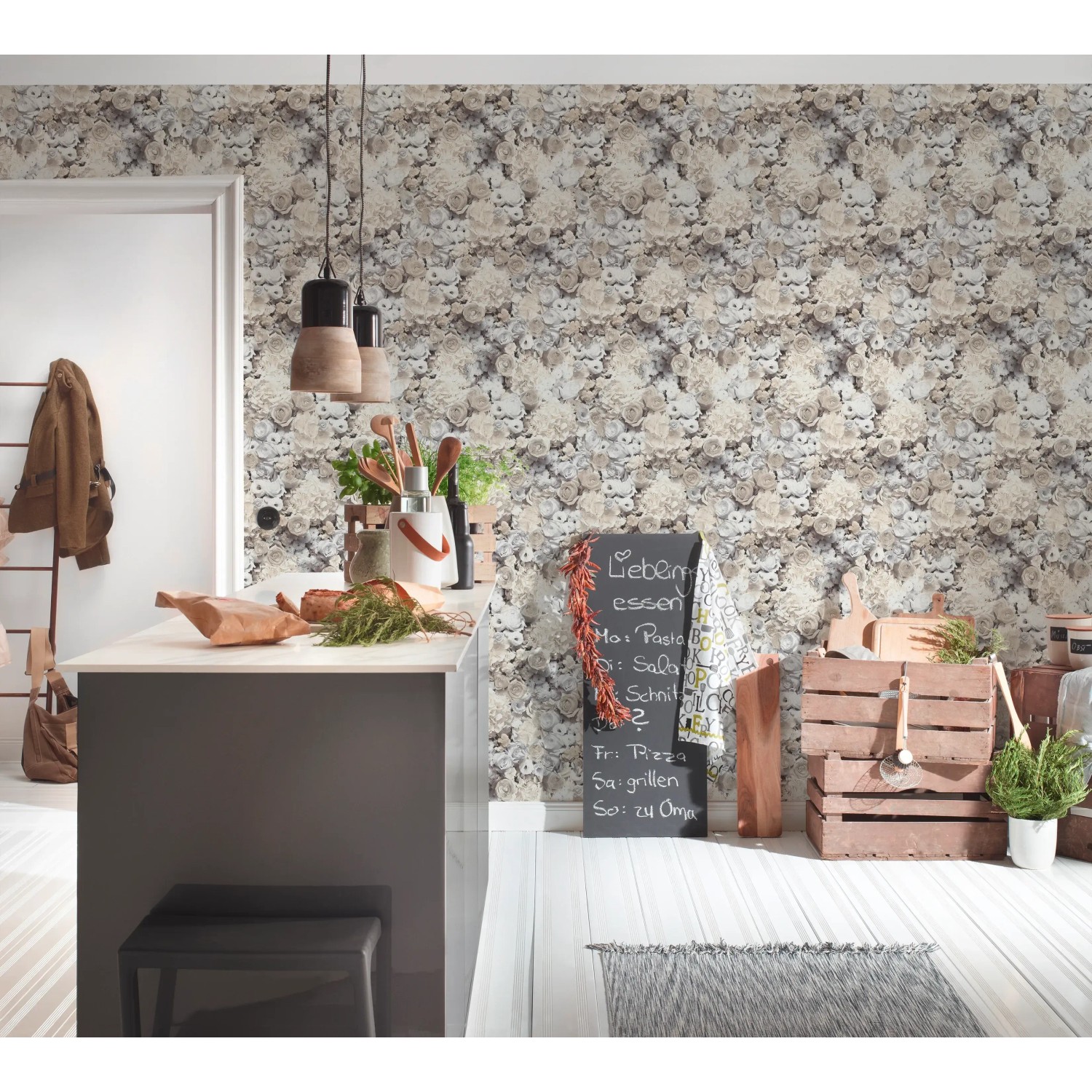 Vliestapete Trendwall 2 Blumen grau/beige/creme im Küchen-Interieur.