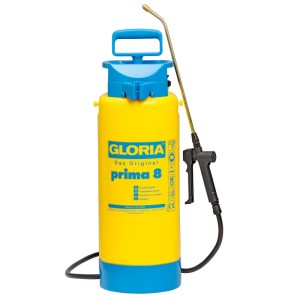 Gloria Drucksprühgerät Prima 8: Gelb-blaues Sprühgerät mit Messing-Sprühlanze für Garten und Pflanzenschutz.