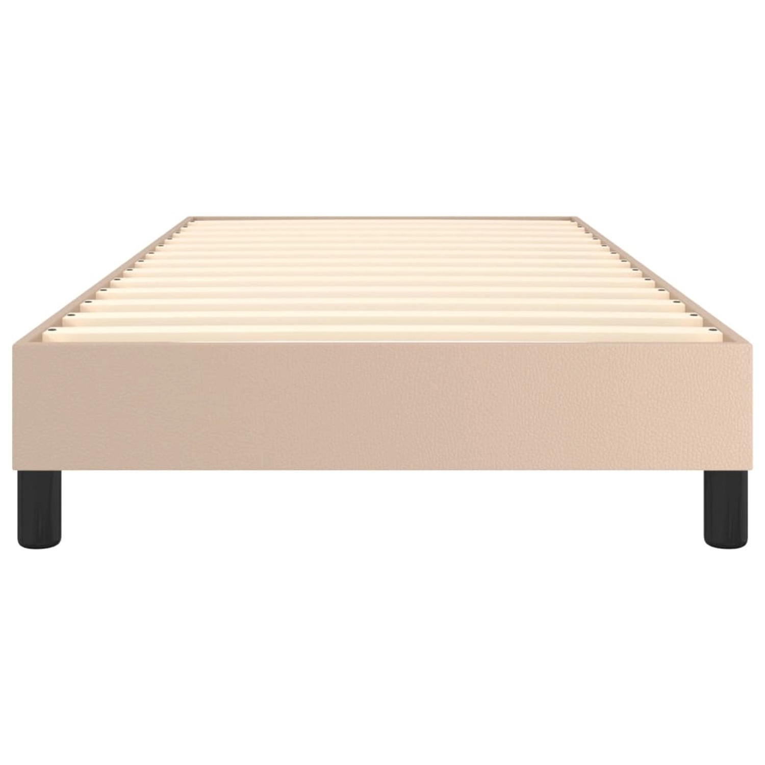 Boxspringbett Cappuccino-Braun (90x190 cm) aus Kunstleder mit Lattenrost und schwarzen Füßen.
