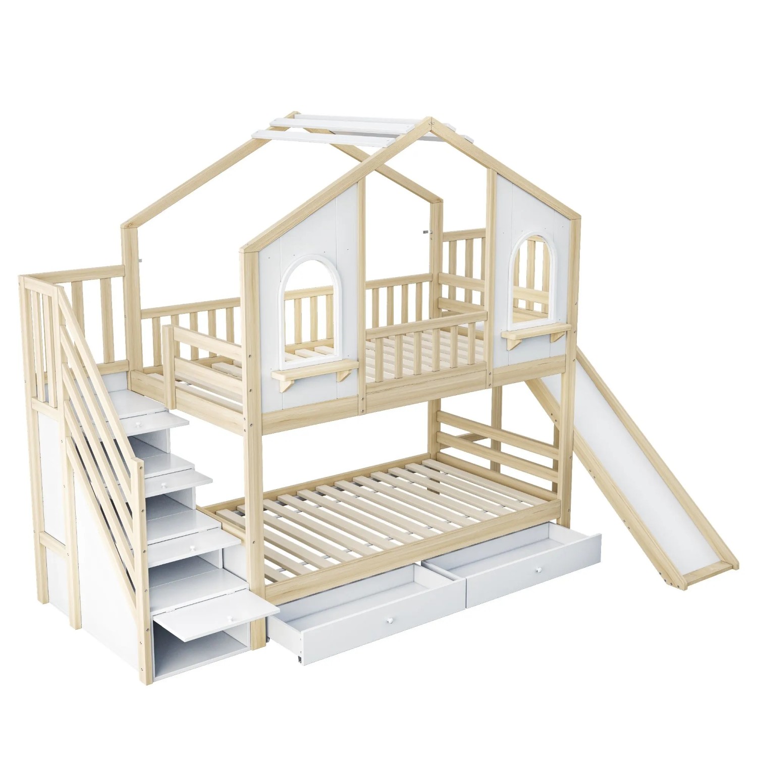 okwish Etagenbett 90x200cm mit Rutsche und Stauraumleiter Kinderzimmer Natur ohne Matratze