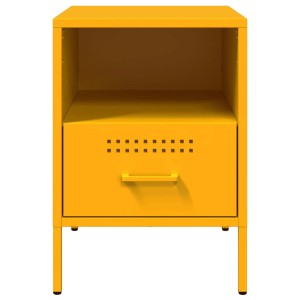 Zwei senfgelbe Nachttische aus Stahl mit Schublade und Ablage. Ideal für Schlafzimmer.