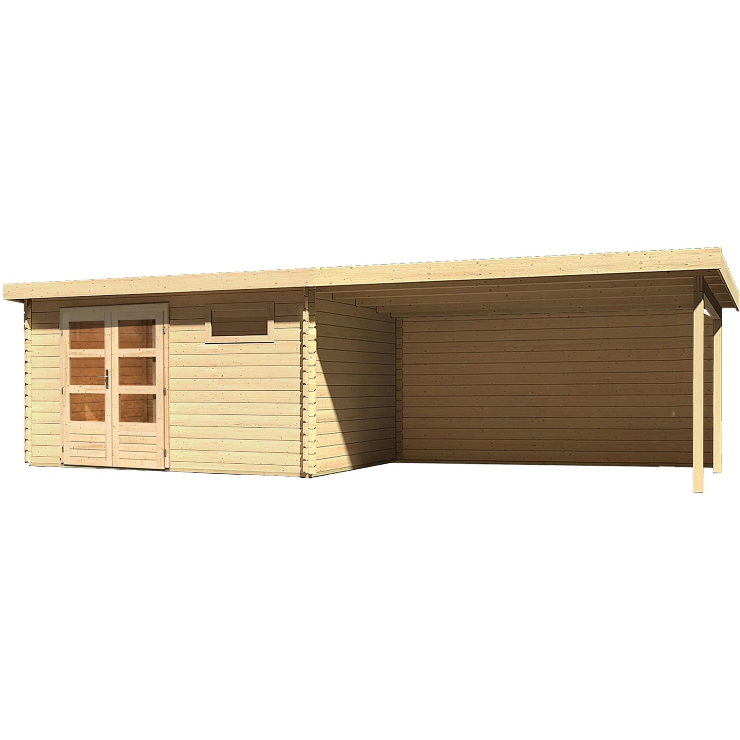 Unbehandeltes Karibu Holz-Gartenhaus Ängelholm mit Pultdach und Anbau.