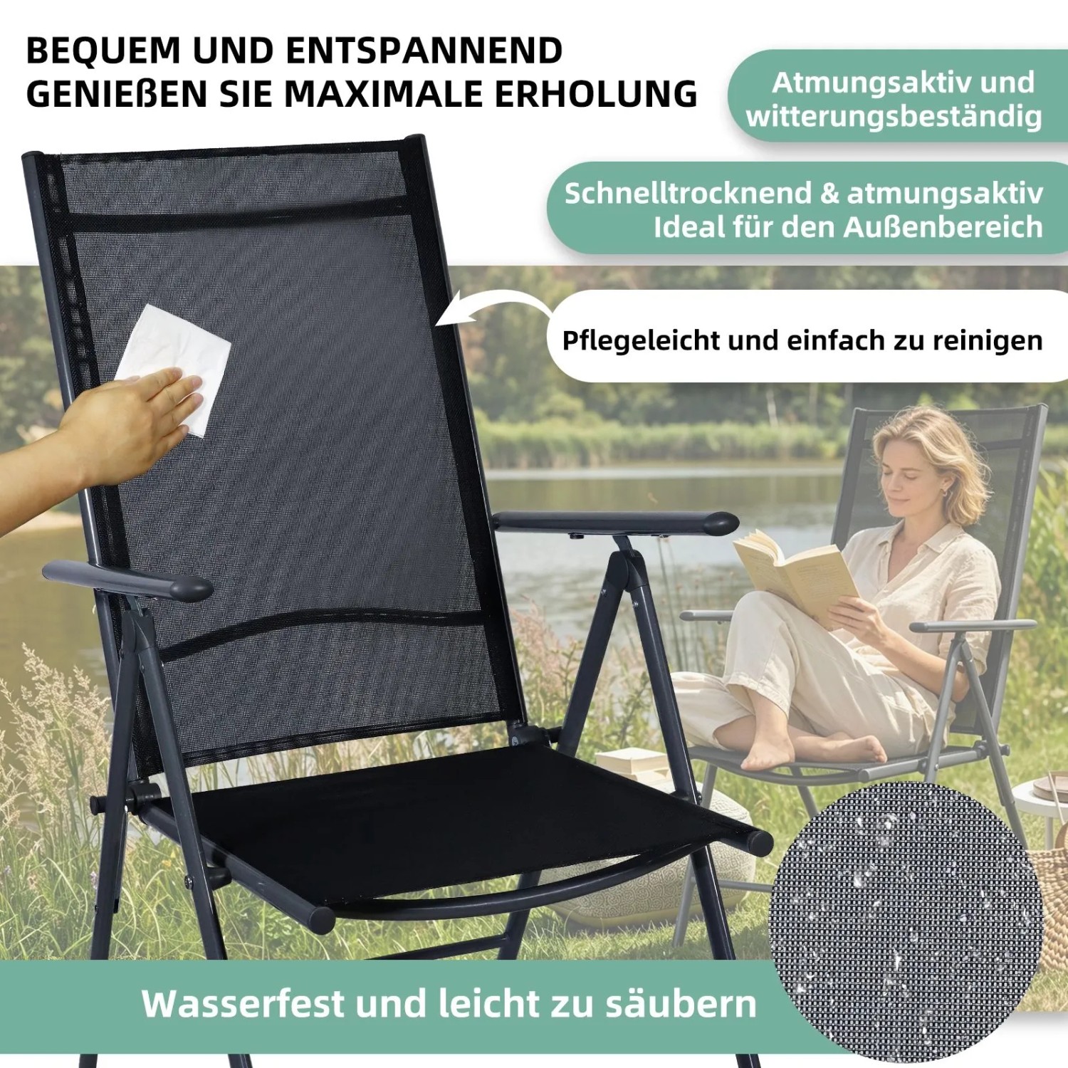 CCLIFE Gartenstuhl Hochlehner Balkonstuhl 2er Set Klappbar 7 Fach Verstellbar Bis 150kg Dunkelgrau_7