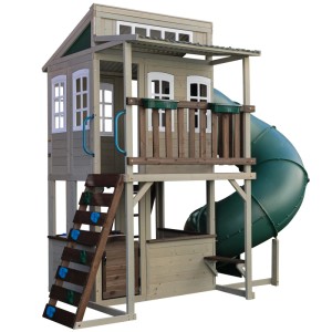 KidKraft Cozy Escape Spielhaus mit Rutsche, Kletterwand und Kinderküche aus Holz.