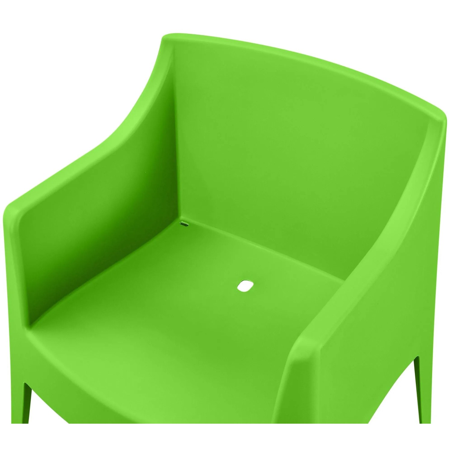 Grüner DELUKE Gartenstuhl HENRI aus Kunststoff mit Armlehnen und Wasserablauf. Stapelbarer Outdoor-Stuhl.
