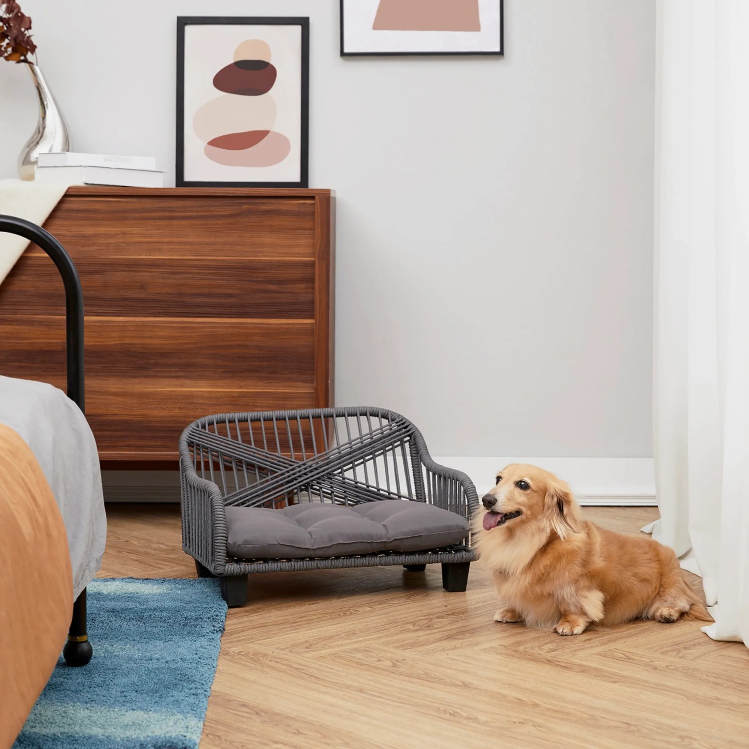 HomePop Luxus Haustierbett Für Katzen & Hunde | Rund, Gepolstert, Schmutzabweisender Stoff, Aqua Gewebt | 56x46 Cm, Bis 45 Kg Belastbar