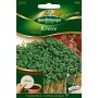 Packung Quedlinburger Kresse Polycress Saatscheiben mit Kresse im Topf und Tomaten im Hintergrund.